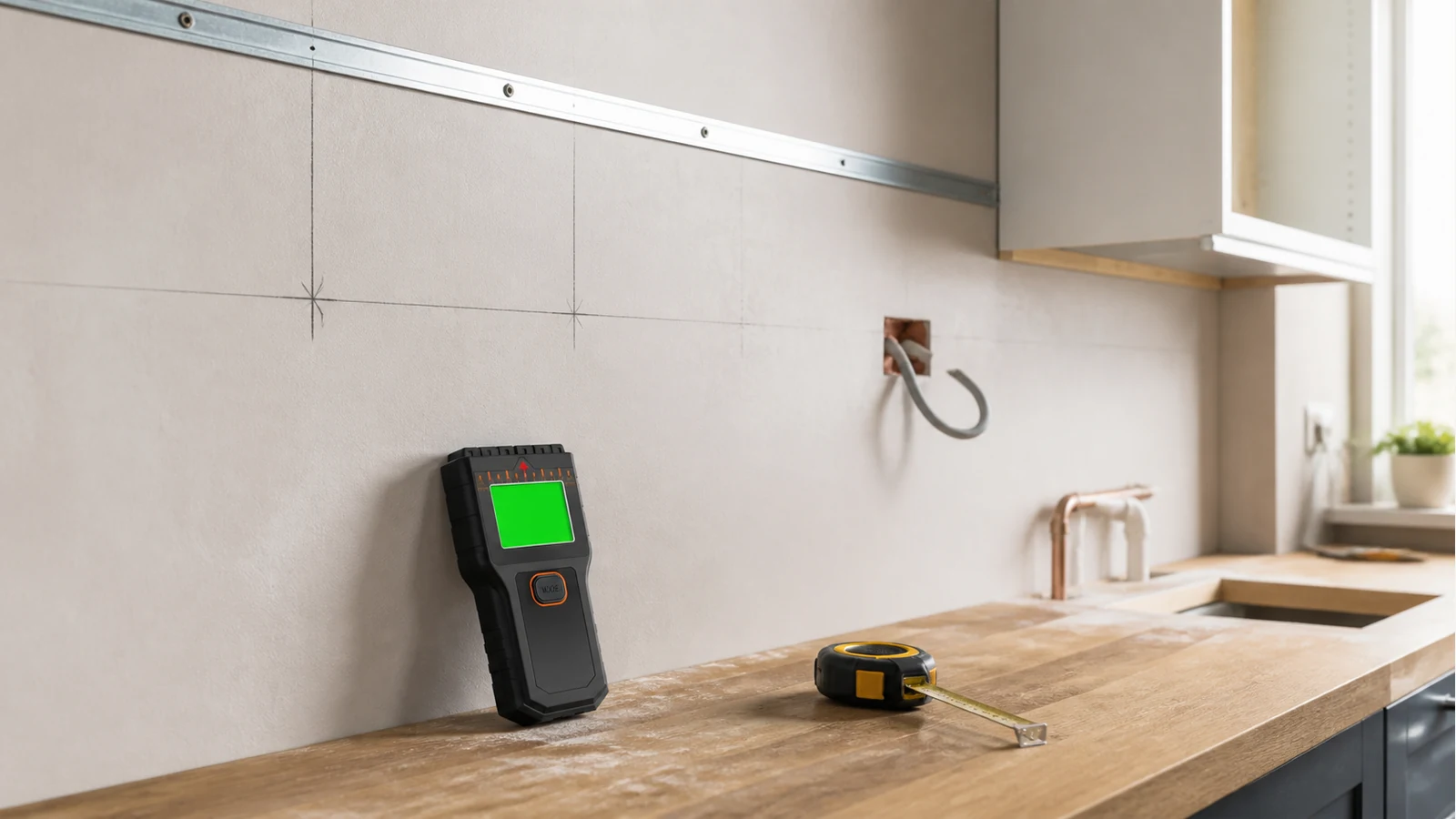Kitchen wall marked with unit outline and no-drill bands before hanging wall cabinets in a UK home
