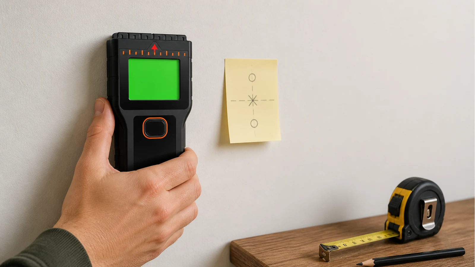 Hands calibrating a generic electronic stud finder on a clear patch of UK plasterboard