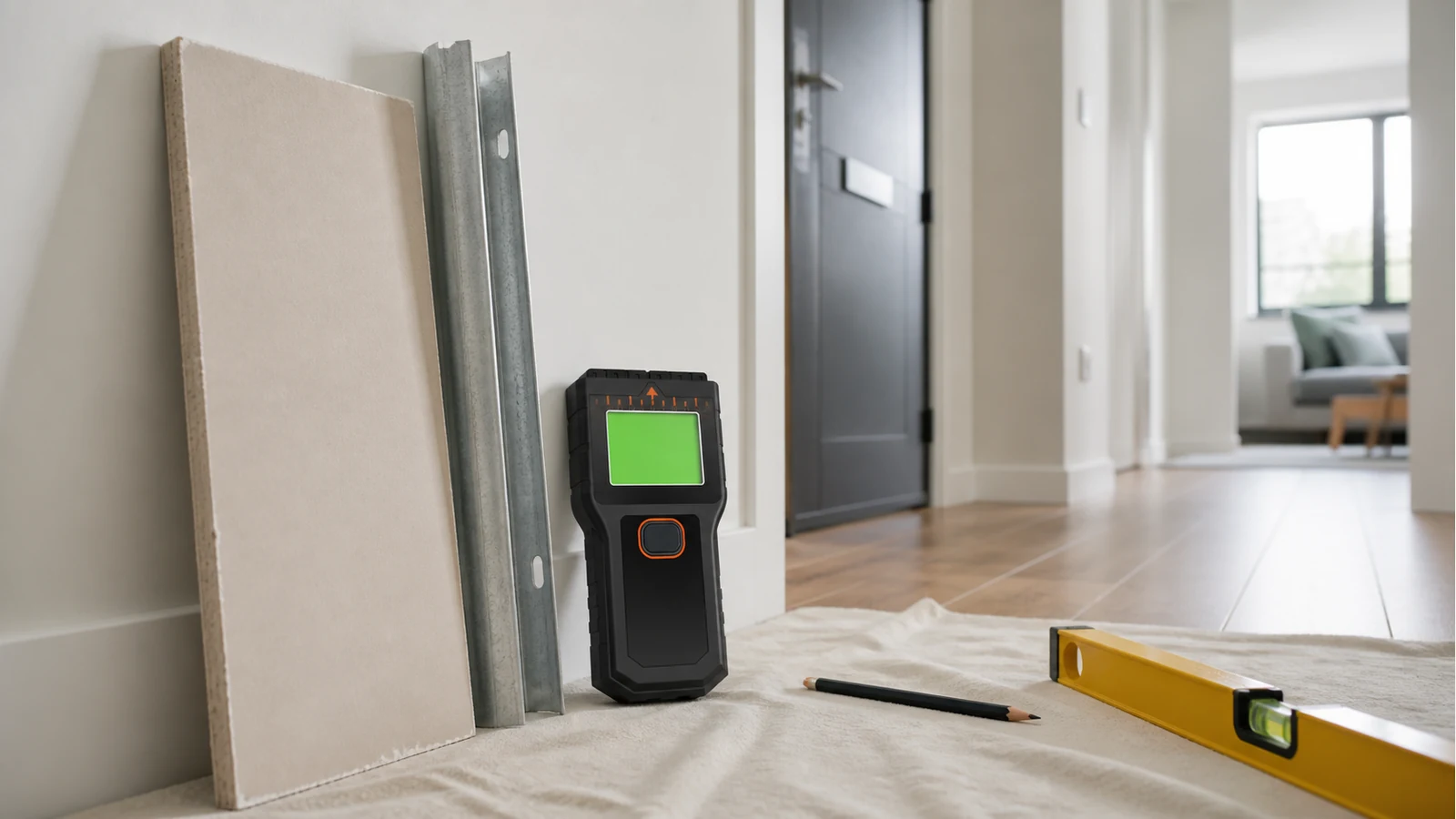 Magnet and pencil marks used to trace metal stud fastener line on a UK flat plasterboard wall