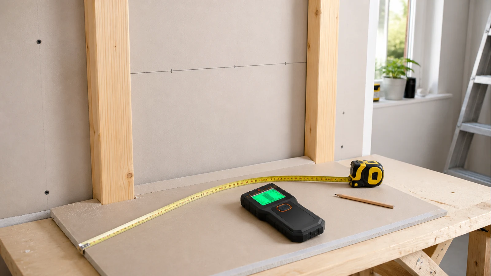 Tape measure on plasterboard comparing possible 400 mm and 600 mm stud centres in a UK home